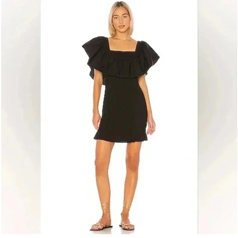 Revolve Dress SOLID & STRIPED Smocked Ruffle Black Poplin size small